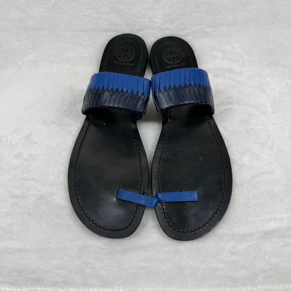 Tory Burch Blue Woven Leather‎ Toe Ring Slide Flat Sandals Womens 8.5 Estimated